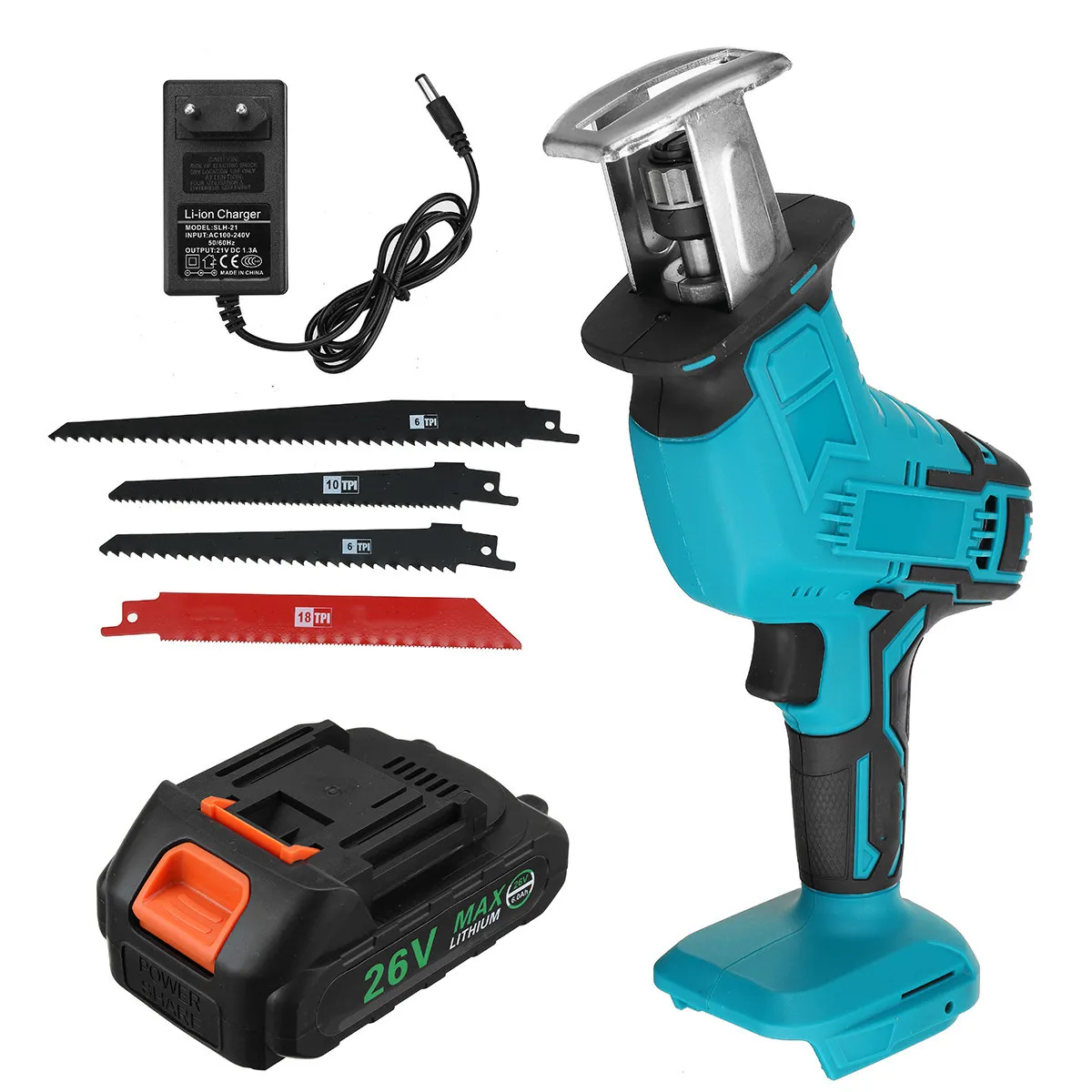 

26V Cordless Reciprocating Saw with Lithium Battery + 4 Saw Blade Metal Wood Cutting Saw Electric Saw Rechargeable Power Tools