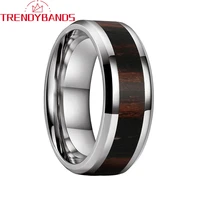 8mm dark wood inlay ring wedding band men women tungsten carbide ring beveled edges polished shiny comfort fit