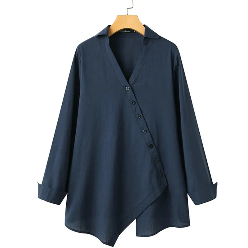 

2021 Spring Lapel Long-Sleeved Temperament Single-Breasted Solid Color Versatile Inner Shirts Office Lady Irregular Blouse Women