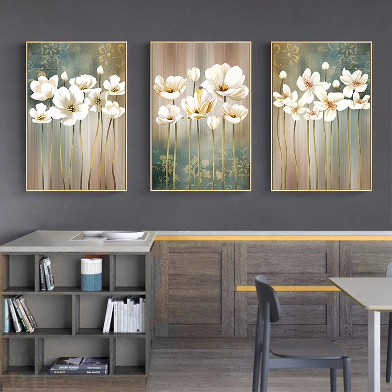 

Modern Abstract Canvas Painting Retro White Flower Poster Print Wall Art Pictures for Living Room Bedroom Nordic Home Decorative