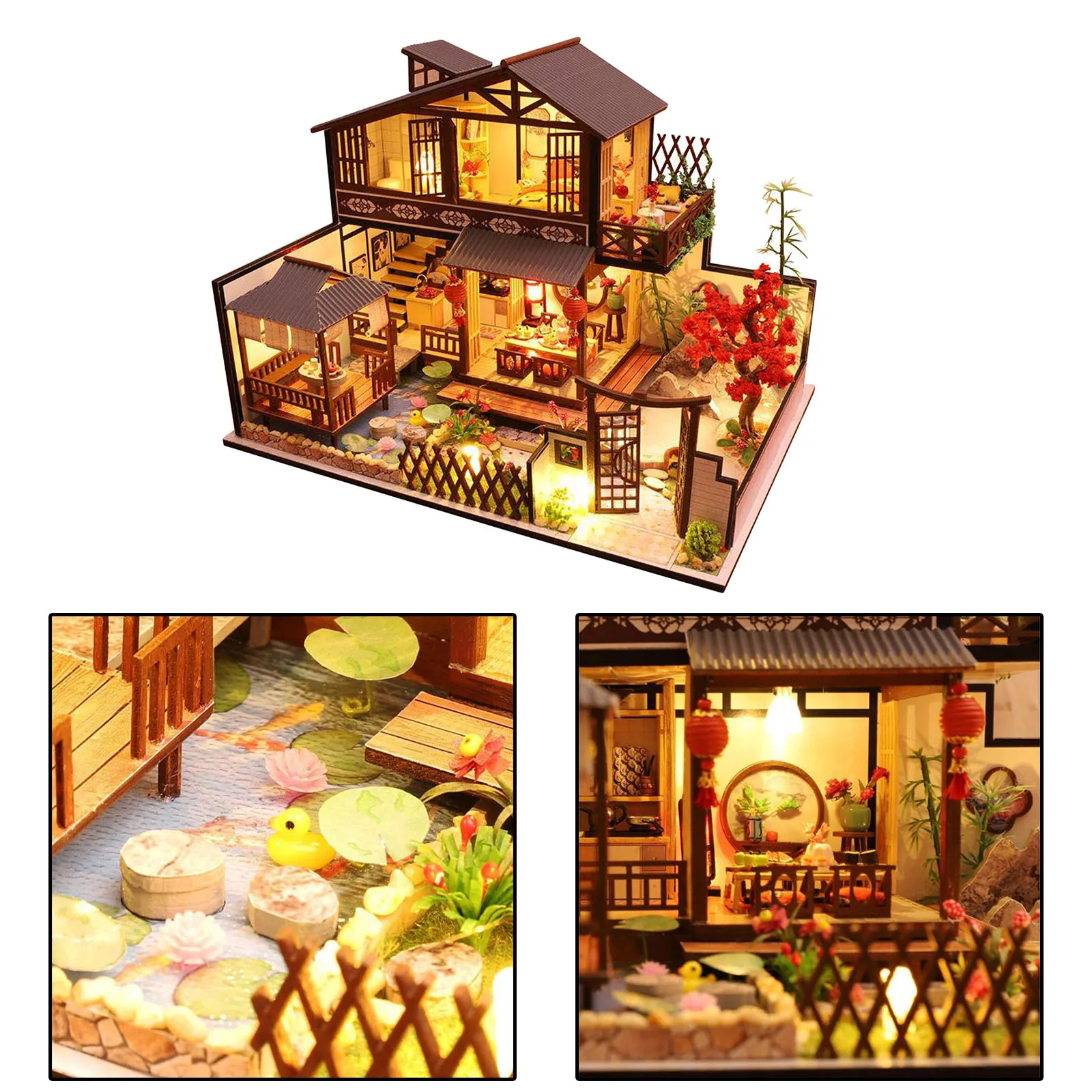 

Mini Wooden Dollhouse Miniature with LED Light Dust Cover Doll House for Kid