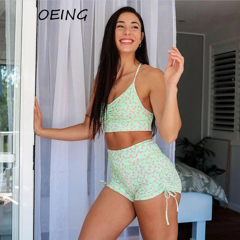 

Fitness Two Piece Yoga Sets Workout Floral Print Gym Clohting Biker Shorts Tights Jogging Bras Tracksuit