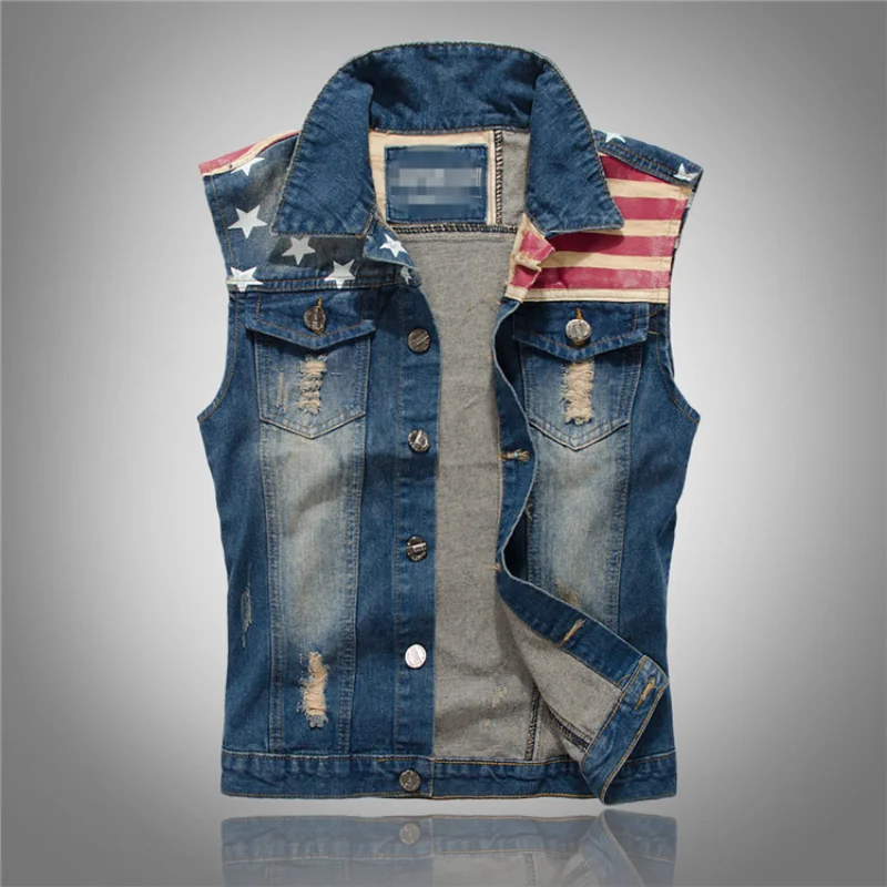 

Summer Men's Sleeveless Outerwear Vest USA Star Spangled Single Breasted Cardigan Slim Cotton Vest Asian Size Plus Size 5XL