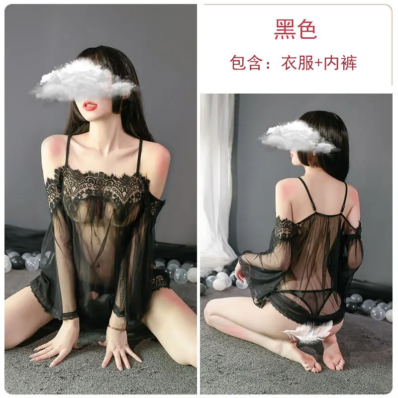 

Lace Night Dress Mini Night Gowns See-though Porno Lingerie Dress Slash Neck Sleepwear Womens Clothing Plus Size Night Wear