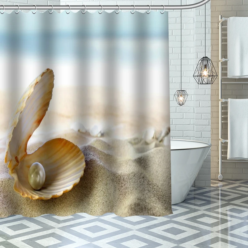 

Custom High Quality Seashell Shower Curtain Waterproof Bathroom Polyester Fabric Bathroom Curtain With Hooks