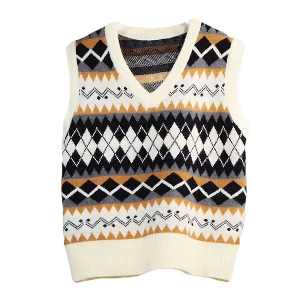 

2021 new spring and autumn Korean fashion diamond loose v-neck knitted sweater vest fashion casual cotton