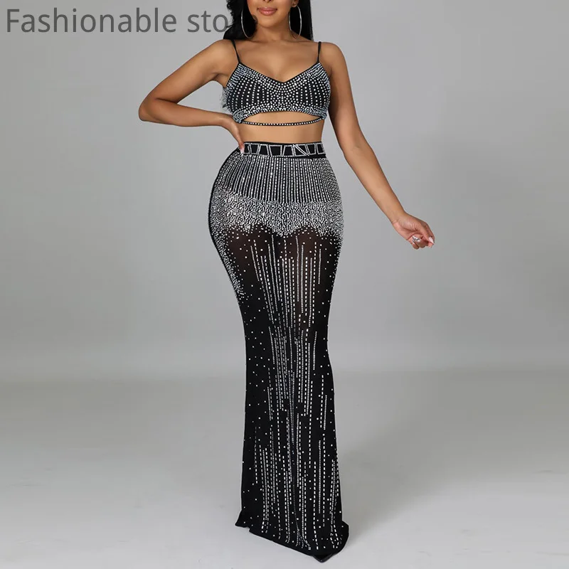 

Women Sexy Rhinestone Bra and High Waist See Through Mesh Maxi Skirts 2pcs Set