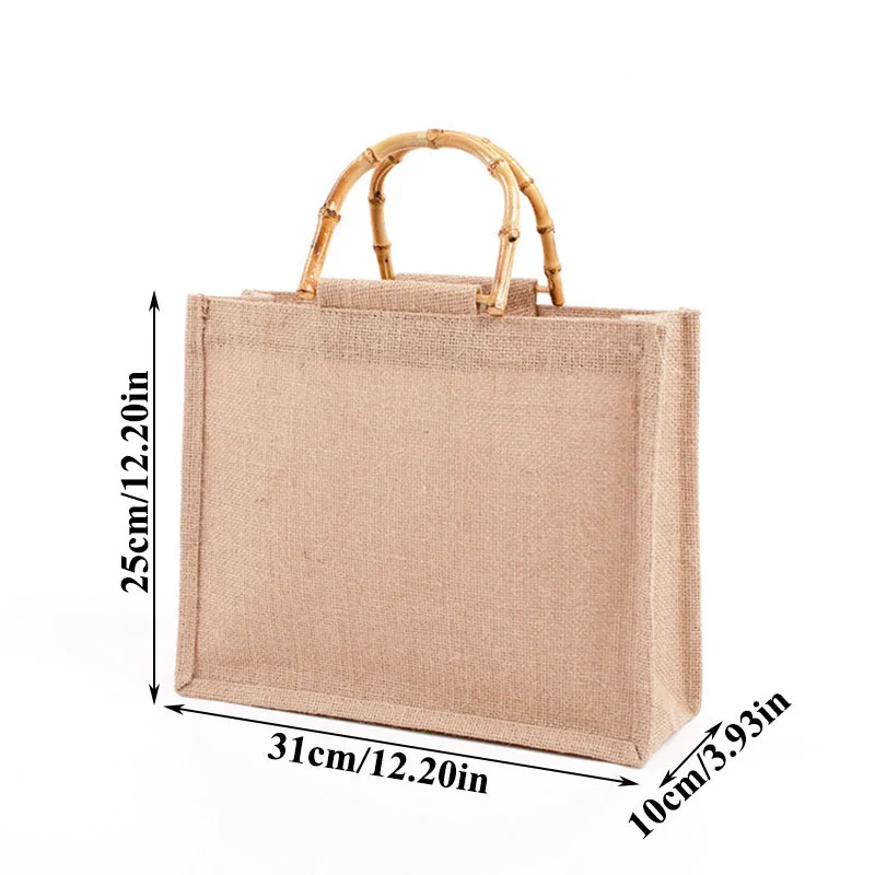 

Portable Burlap Jute Shopping Bag Handbag Bamboo Loop Handles Tote Retro DIY Bag Handbag Women Big Size Beach Bag For Girls