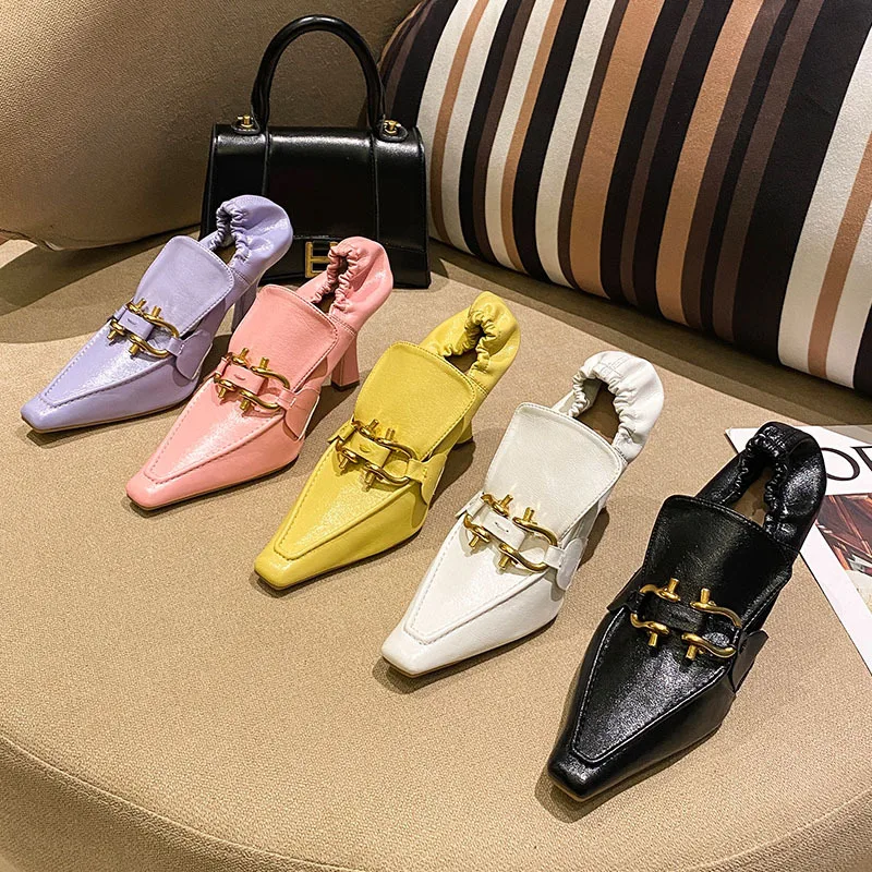 

Hjwsfdcai Women's Soft Leather High-Heeled Shoes Small Square Toe Pumps Designer Brand Metal Decoration Shoes Woman Runway Shoes