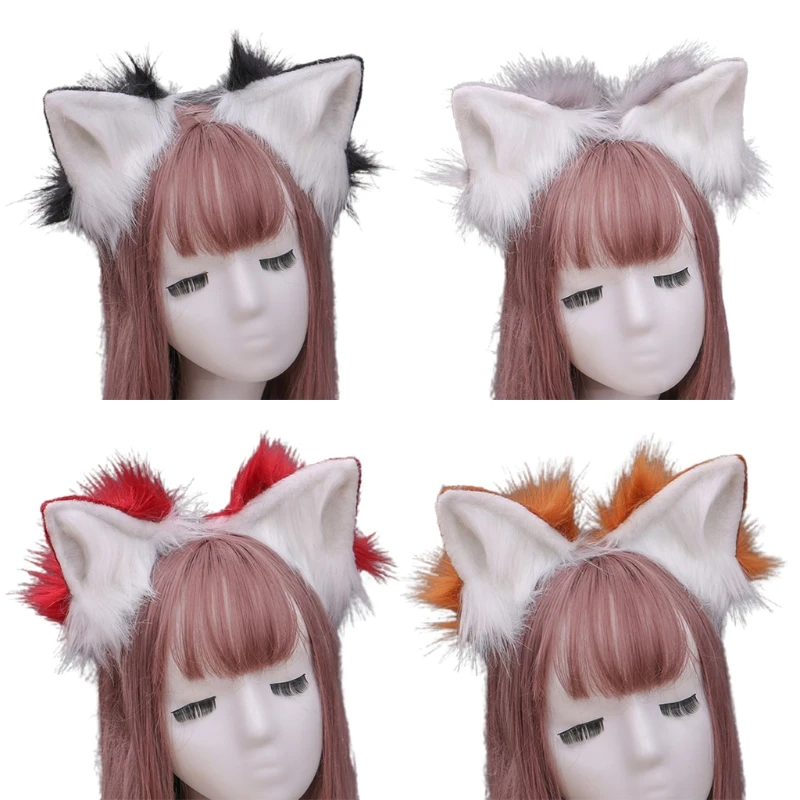 

Contrast Color Faux Fur Wolf Ears Headband Simulation Fluffy Plush Animal Hair Hoop Anime Lolita Halloween Cosplay Party Costume
