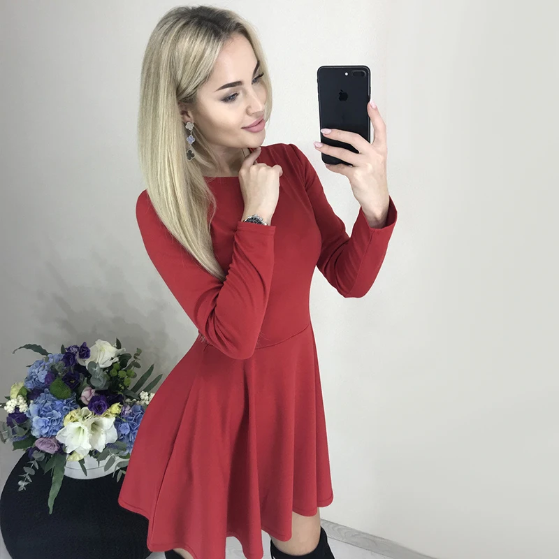 

Autumn Winter Casual Long Sleeve A Line Dress Office Ladies O Neck Solid Mini Dress Fashion Elegant Women Dresses Vestidos