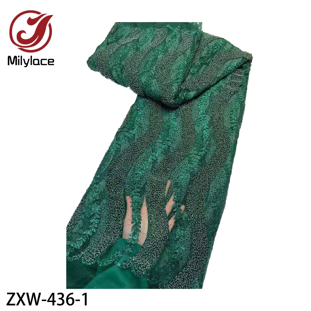 

Latest African Lace Fabric 2021 High Quality Embroidered Lace with Beaded French Net Lace Fabrics for Party Dress ZXW-436