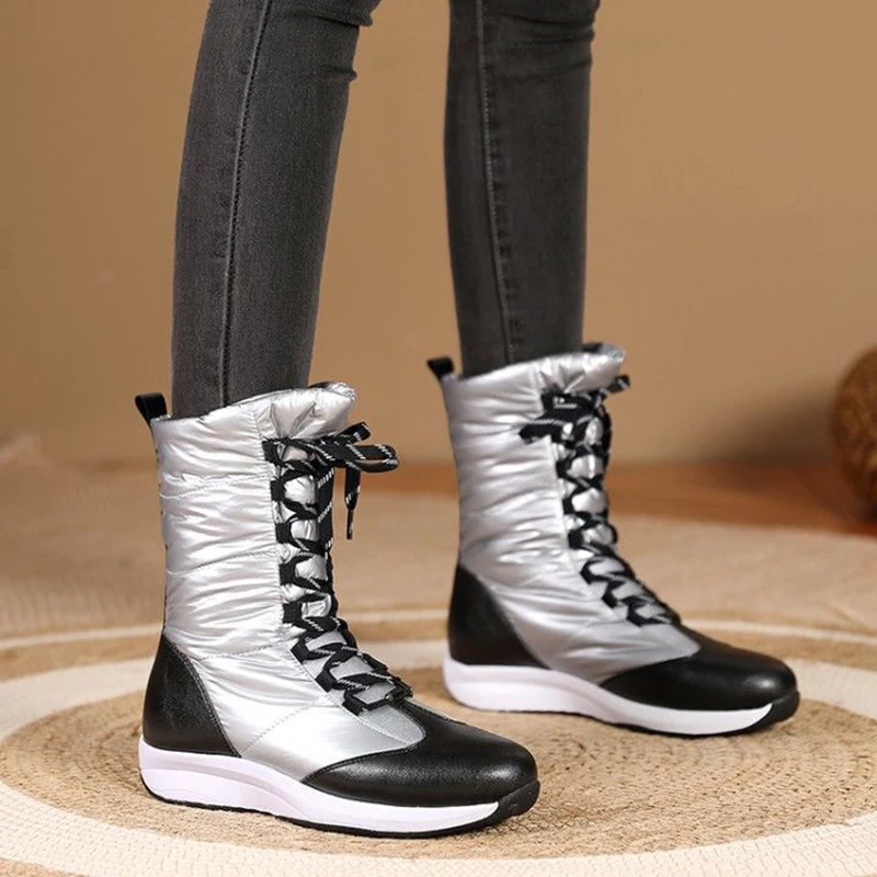 

Down Boots Antiskid Waterproof Thick Soled Cotton Boots Middle Tube Boots Winter New Women's Large Winter Boots Leather Boots