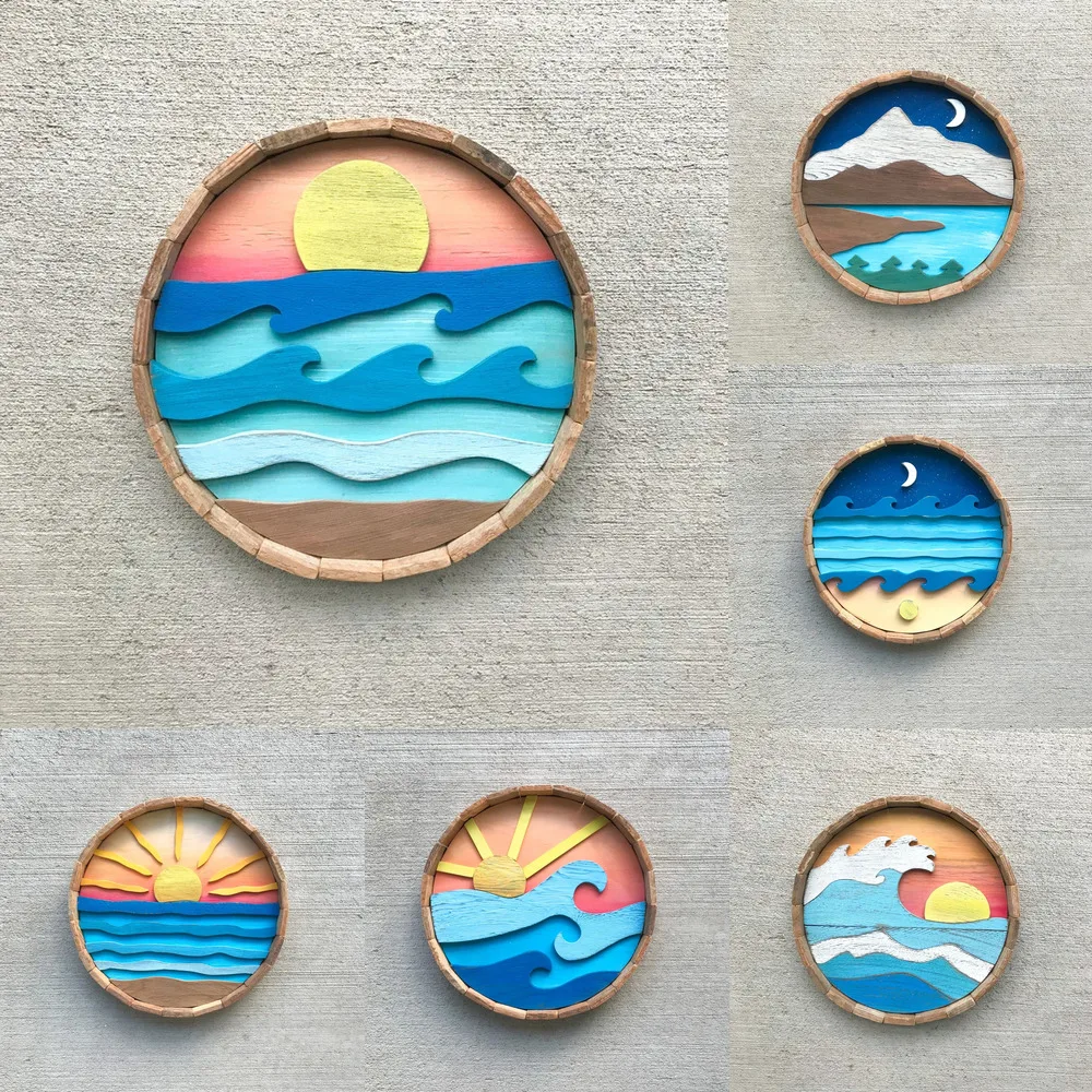 

Wooden Wave Round Reclaimed Wood Art Hanging Painting Moon Sunrise Sunset Waves Scenery Painting Wall Home Decoration