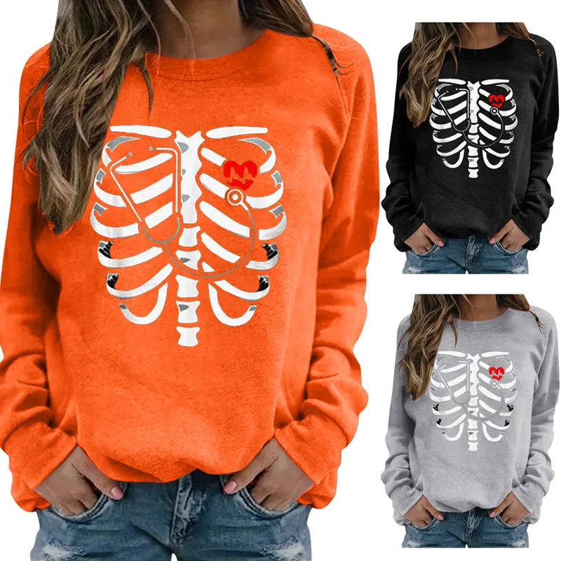 

Женский Повседневный свободный свитер с принтом скелета и сердца, свитшот с длинным рукавом и круглым вырезом, пуловер для взрослых