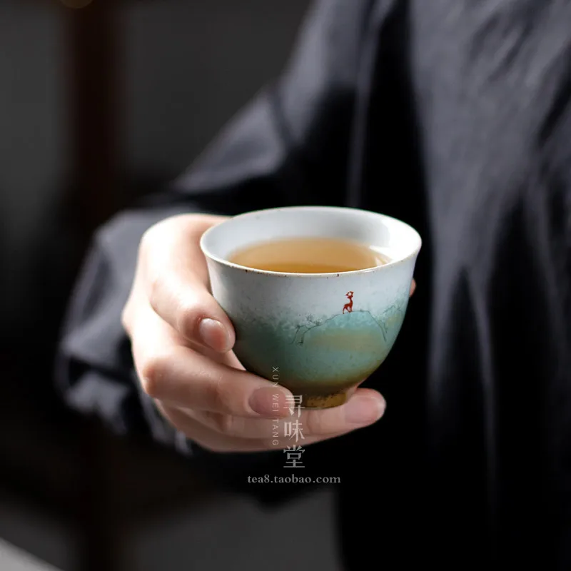 Каменная чашка для чая Huancai с зеленой глазурью маленькая керамическая в стиле
