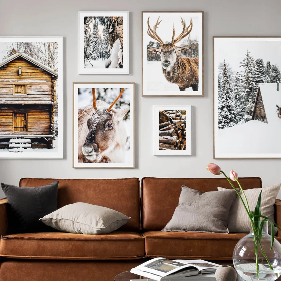 

Snow Pine Forest Deer Wooden House Winter Nordic Posters And Prints Wall Art Canvas Painting Wall Pictures For Living Room Decor