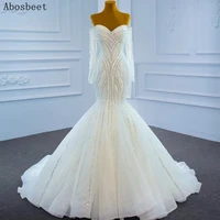 elegant long sleeve mermaid wedding dress white beading pearls shining top long train sweetheart wedding gown bridal 2021 new