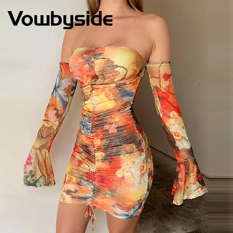 

Floral Print Off Shoulder Drawstring Bodycon Dress