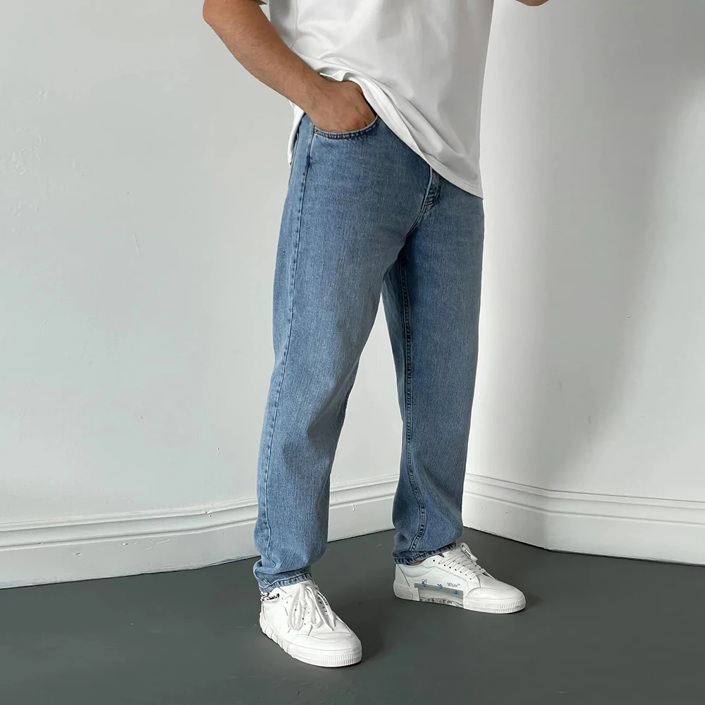 

Harajuku Style Men Jeans Fashion Casual Loose Straight-Leg Denim Pants Pure Color Big Size Street Tide Mens Cowboy Trousers Blue