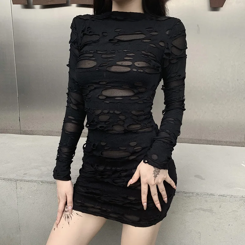 

Dark Black Design Feeling Harajuku High Cold Slim Dress Female Y2k Hot Product Hole Composite One Step Skirt Female
