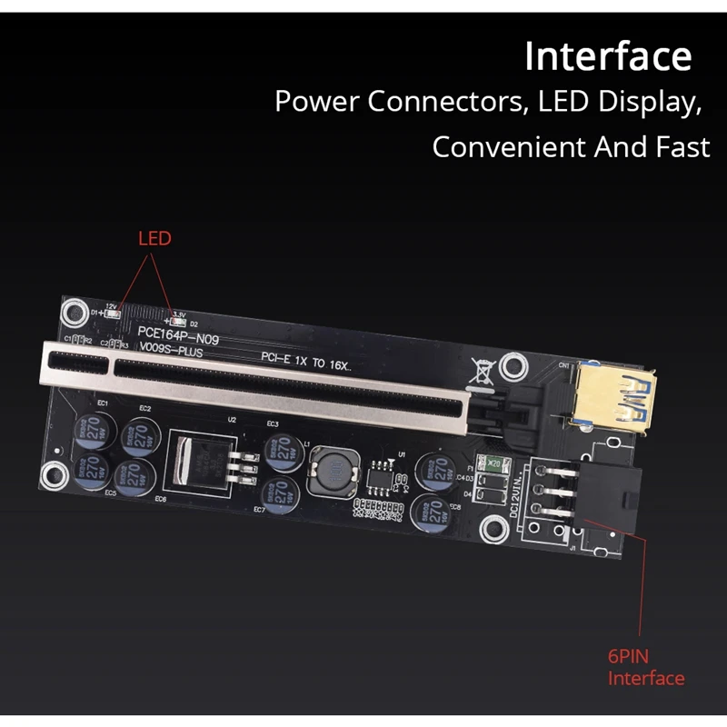 

5Pcs VER009S Plus PCI Express 1X to 16X PCI-E Riser Card SATA 6Pin Power 0.6M USB 3.0 Cable for BTC LTC Mining