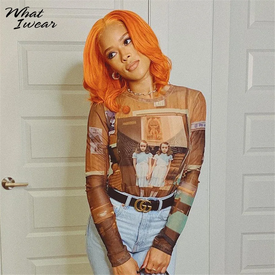 

Graphic Print See Through Woman Tshirts Chic Casual Y2k Top Long Sleeve Slash Neck Stretchy Shirt Female Fashion Tees Harajuku