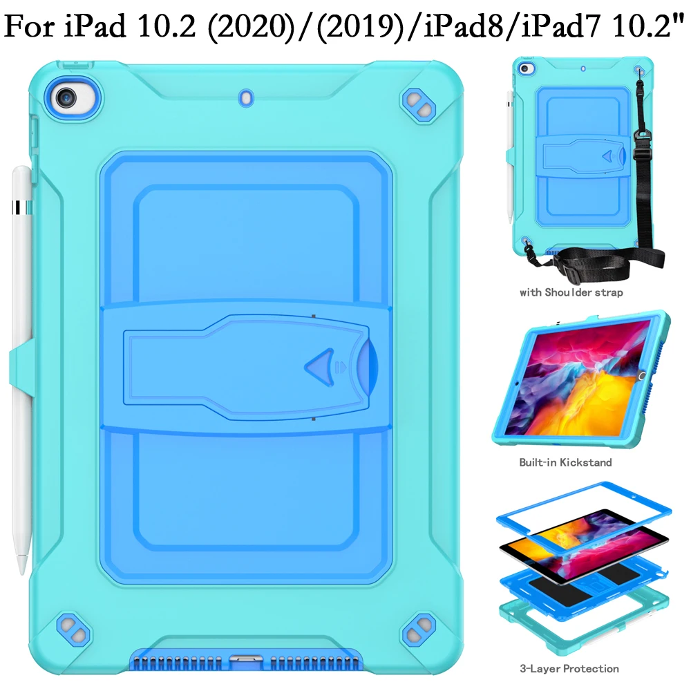 

Чехол для IPad7 IPad8 IPad10.2 IPad 10,2 2020 2019 7-й 8-й Ударопрочный силиконовый чехол-подставка для ПК планшета с плечевым ремнем