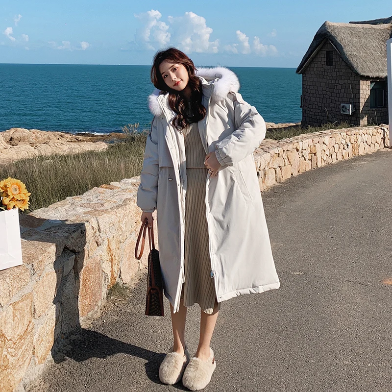 

Women's Jacket White Long Coat Women Loose Thick Padded Coat Furry Collar Windbreaker Down Hooded Down Jacket Women 2020 Winter