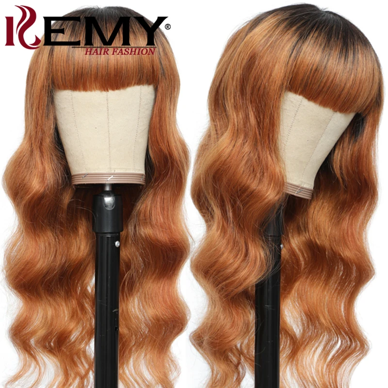 

Brazilian Body Wave Human Hair Wig With Bangs Ombre Brown 1B/30 Human Hair Wigs For Black Women Remy Hair Bangs Wig 150% KEMY