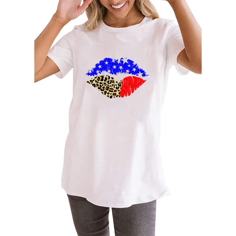 Женская летняя футболка со слоганом и леопардовым принтом в виде флага Америки