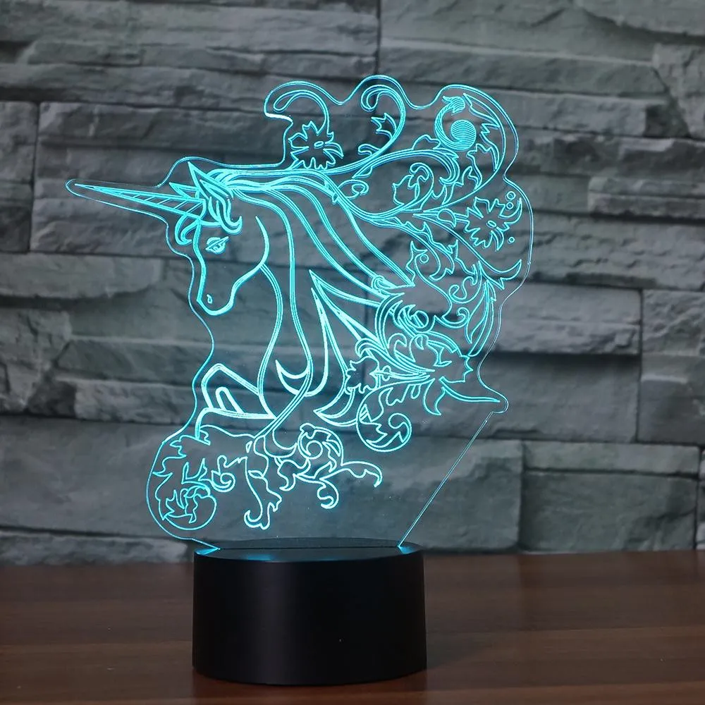Единорог длинные волосы 3D светодиодный RGB Ночник светильник 7 цветов Изменение