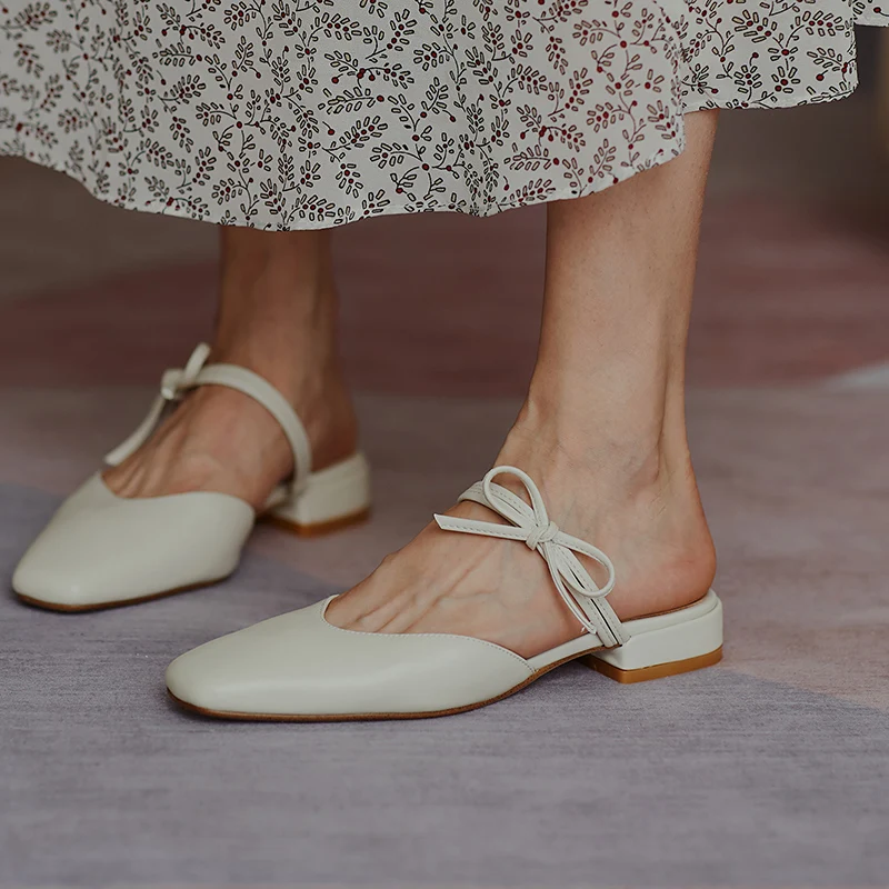 

Slip on Genuine Leather Women slippers Summer Sweet bowties Square Toe Low Heels shoes Shallow Casual Basic Shoes Woman