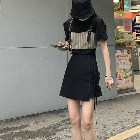 

2021 new summer Korean version of solid color side straps, high waist, thin, all-match a-line skirt women