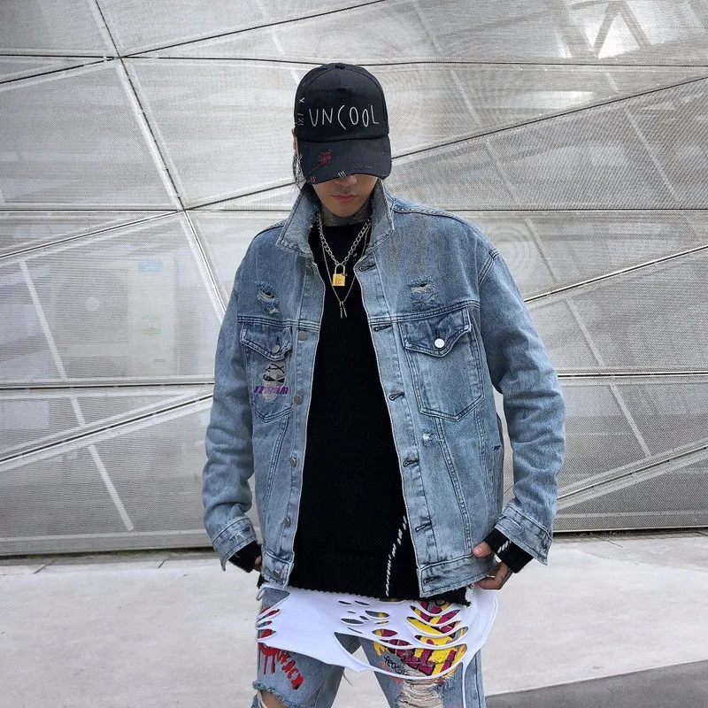 Джинсовые куртки в стиле хип-хоп Мужская Уличная одежда модная джинсовая куртка