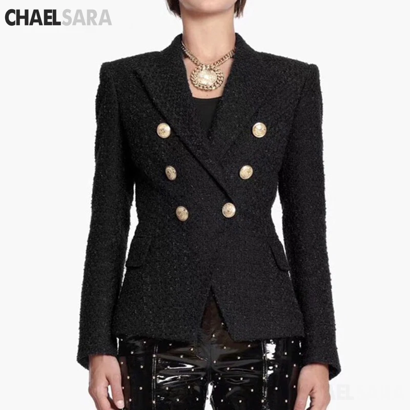 Женский двубортный офисный пиджак дизайнерский твидовый блейзер с