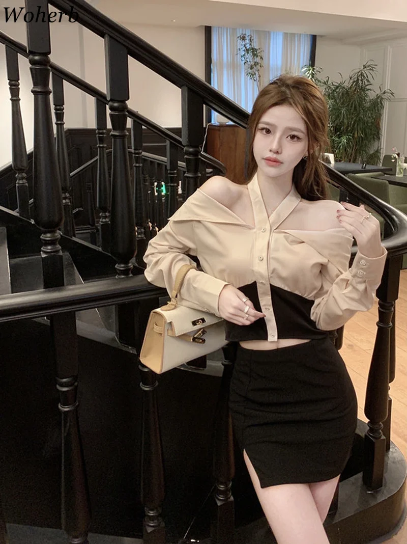 Woherb темпераментные женские рубашки сексуальные блузки с воротником-лодочкой и