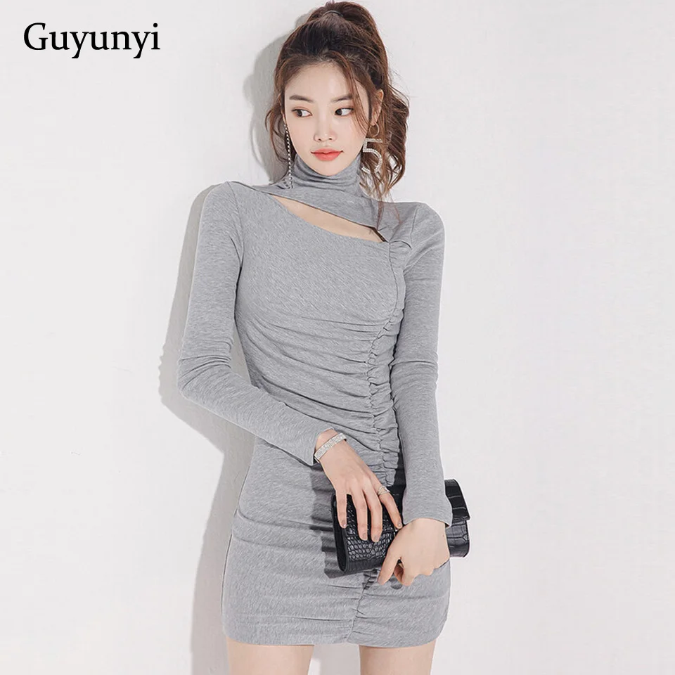 

Gray High Street Mini Dress 2022 Spring Warm Turtlnneck Long Sleeve Sexy Hollow Shirring High Waist Tight Dress Women