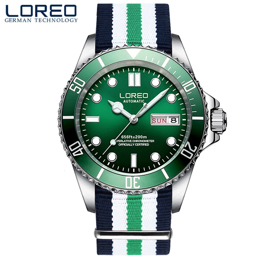 Часы LOREO Мужские механические с нейлоновым ремешком поворотный циферблат 200 м |