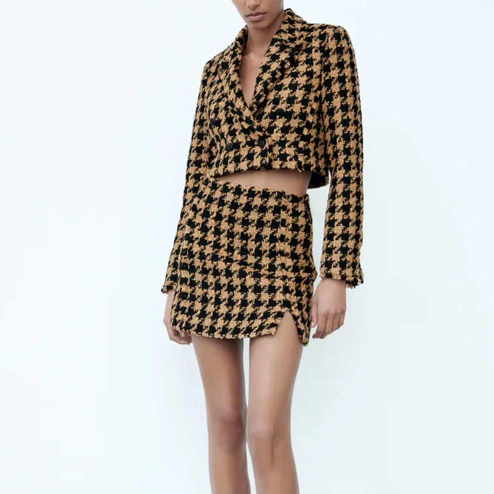 

Za Women 2021 Autumn New Fashion Double Breasted Cropped Tweed Blazer Coat Vintage Long Sleeve Female Outerwear Chic Tops