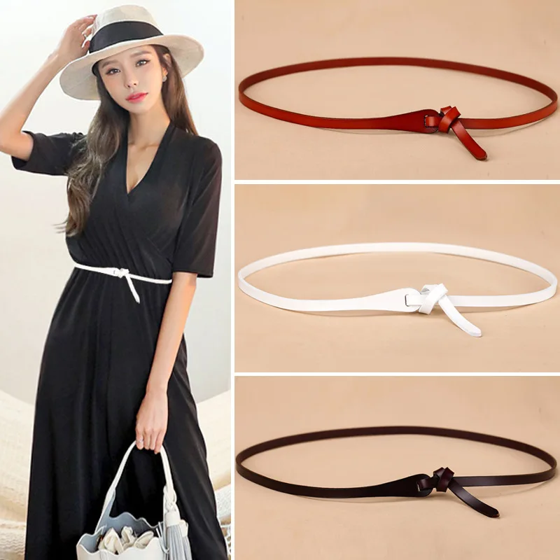 

Brand ladies knotted waistband top quality genuine leather thin belt for women fashion no buckle belt female dress knotted strap