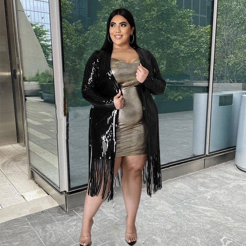 

Prom Dresses for Women Long Sleeve Clothes Belt Plus Size Party Dress Sexy Tassel Black Sequins Dress Wholesale Dropshipping