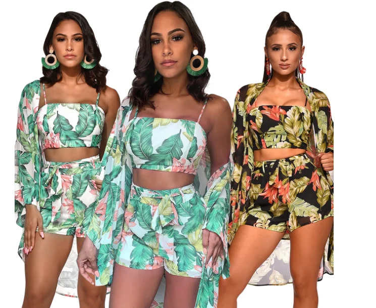 

Sexy Summer Beach Three Piece Set Women Strapless Crop Tops + Shorts + Cover Up Women Floral Print Beach Dresses Boho Outfits