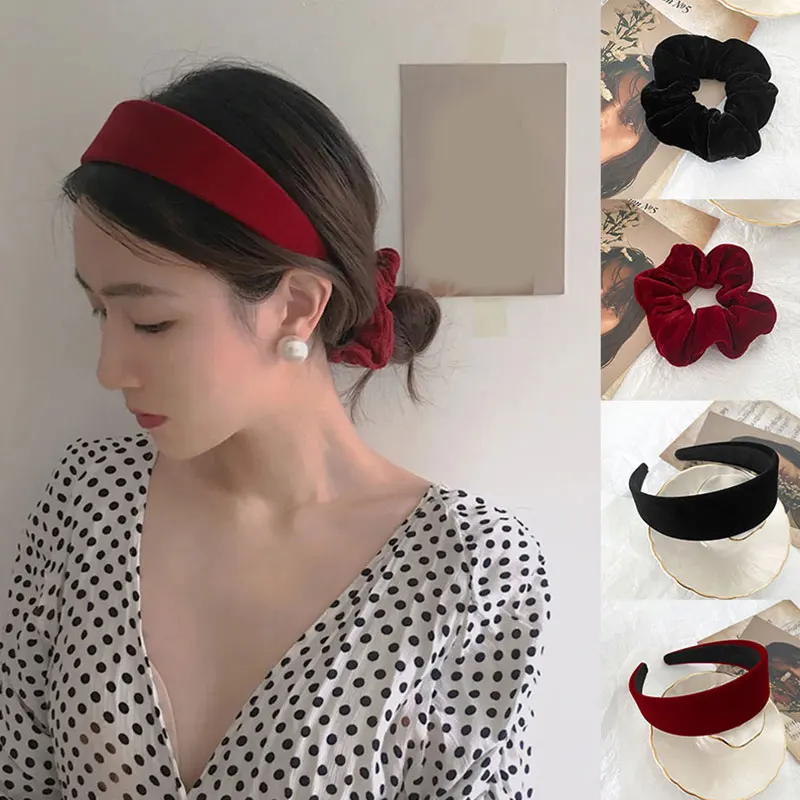 

Women Velvet Headband Solid Colors Wide Hair Hoops Fashion Black Red Hair Bands Head Bezel Headdress Hair Accessories For Girls