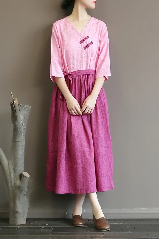 

Original middle and high end women's clothes fried cotton hemp retro disc buckle dress with waist length