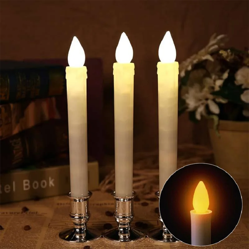 

3pcs Restaurant dinner table candle light flameless LED electronic tappered candle with dancing flame wedding candles With base