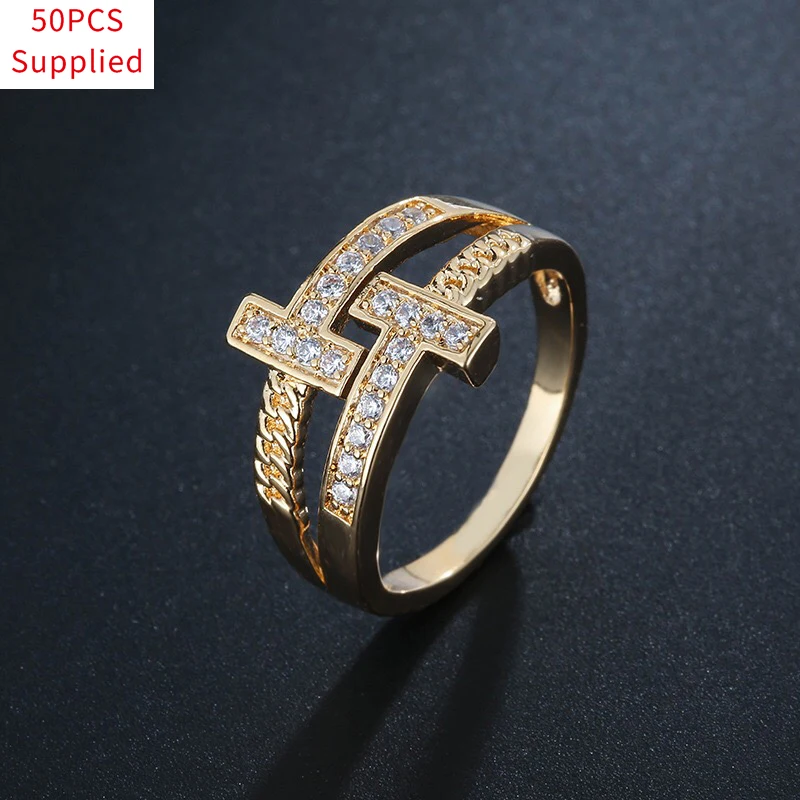 

50pcs Luxury Female Square Crystal Stone Ring Set Charm Gold Silver Color Wedding For Women Promise White Zircon Engagement Ring
