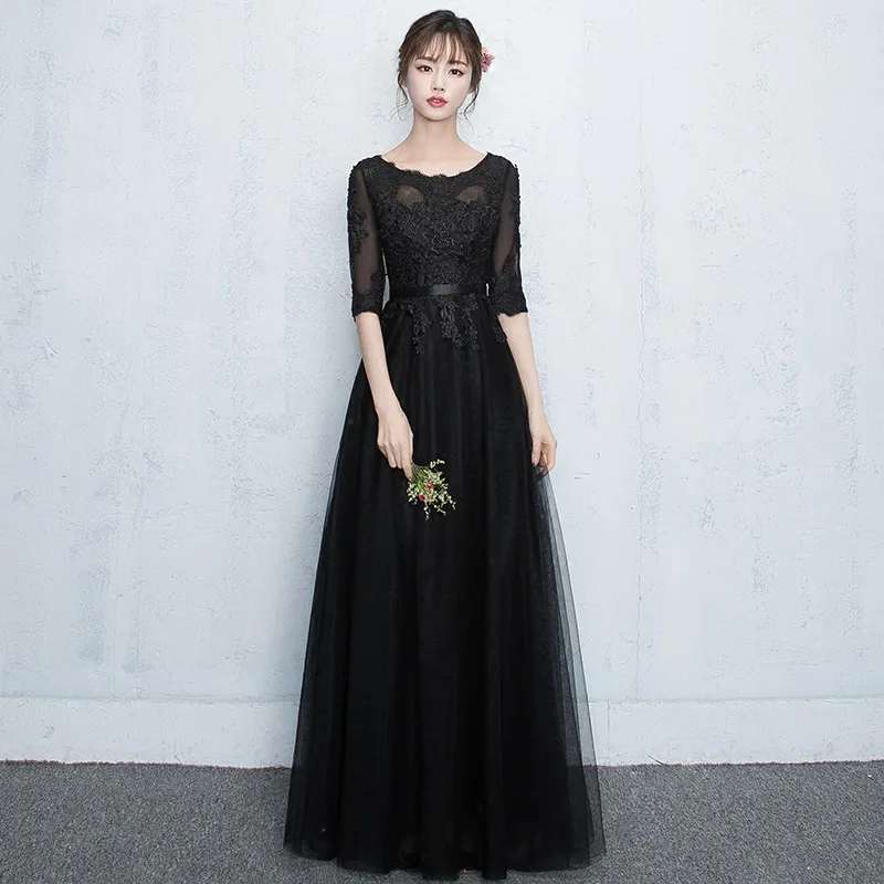 

Sexy Black Evening Party Dress Temperament O-neck Banquet Dress Noble Lace Formal Dress Elegant A-line Daily Dresses Big Size 3X