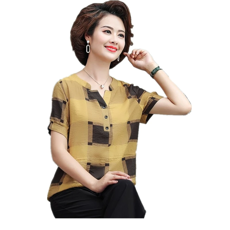 

2021 Summer Arts Style Women Short Sleeve Casual V-neck Shirts Cotton Linen Plaid Vintage Blouse Loose Tops Femme Blusas