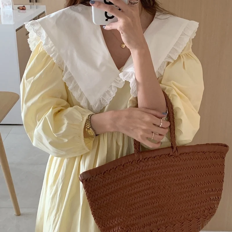 

Baby Collar Dress Long Sleeve Women's Autumn 2021 New Waist Closing Slim Medium Length Skirt French Style Dress Fashion